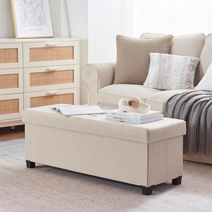Ornavo Home 43 Inch Storage Ottoman, Large Storage Bench, Ottoman with Storage with Legs, Foot Rest Stool, Bedroom Bench - Beige