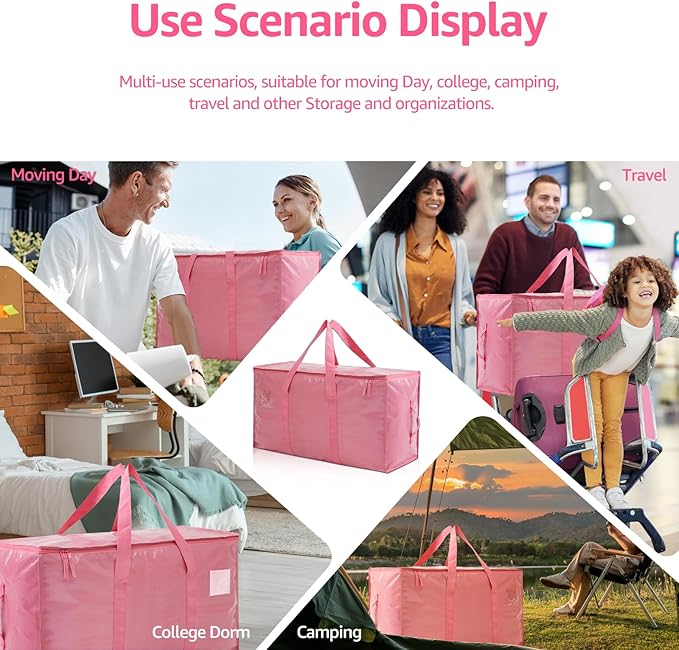 Moving Bags Heavy Duty Extra Large, Moving Boxes, Moving Supplies Essentials, Storage Bins with Lids, Plastic Packing Totes, Storage Bags for Clothes with Handles & Zippers(Pink, 12 Pack)