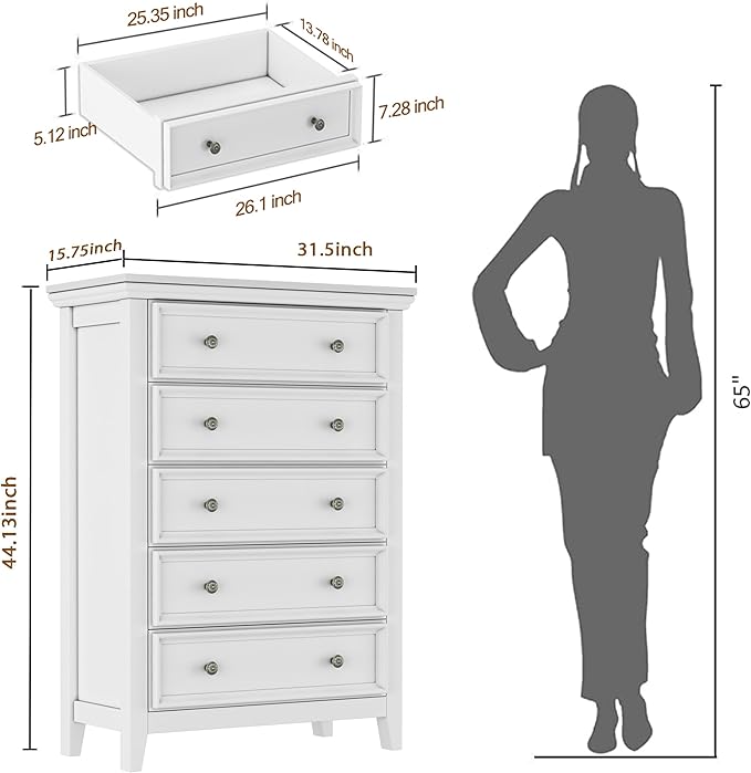 White Dresser for Bedroom,5 Chest of Drawers Dresser,Tall Nightstand Modern Clothes Organizer Cabinet Dressers for Bedroom,Closets,Hallway