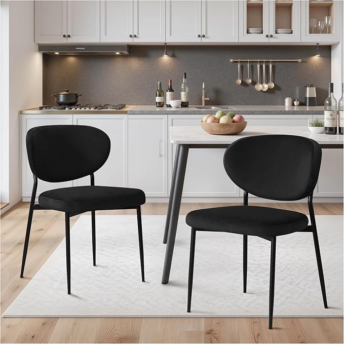 Black Dining Chairs Set of 2 Velvet Upholstered Dining Room Chairs Wide Seat Filled with 58D Memory Foam Modern Kitchen Chairs with Curved Back & Swivel Leveling Feet for Restaurant