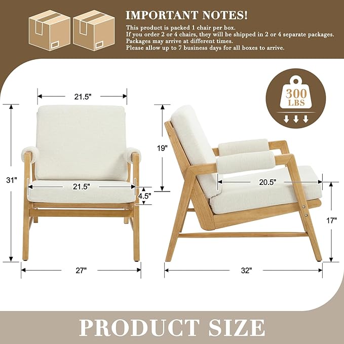 HEAH-YO Modern Accent Chair Set of 2, Upholstered Linen Fabric Living Room Chair with Wooden Frame, Comfy Armchair with Thick Cushion for Bedroom Balcony, Beige