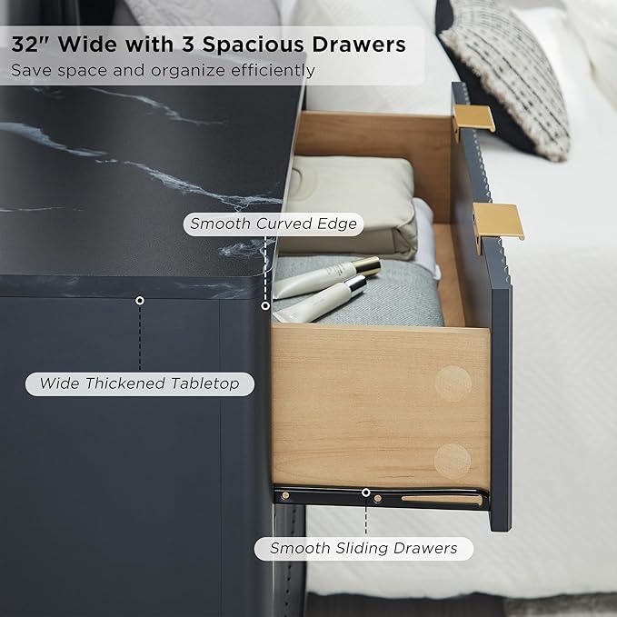 T4TREAM Fluted 3 Drawers Nightstand, Oversized Extra Large Modern Side Table with Faux Marble Top, End Table Bedside for Bedroom, Living Room, Curved Profile Design, Dark Grey