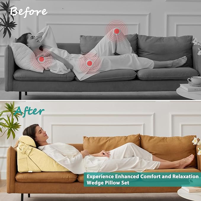 Bedluxe Adjustable 3pcs Bed Wedge Pillow Set, Memory Foam Wedge Pillows Post Surgery for Back, Neck, Leg Pain Relief, Pillow Wedge for Sleeping, Sitting up in Bed, Acid Reflux and GERD, Beige Yellow