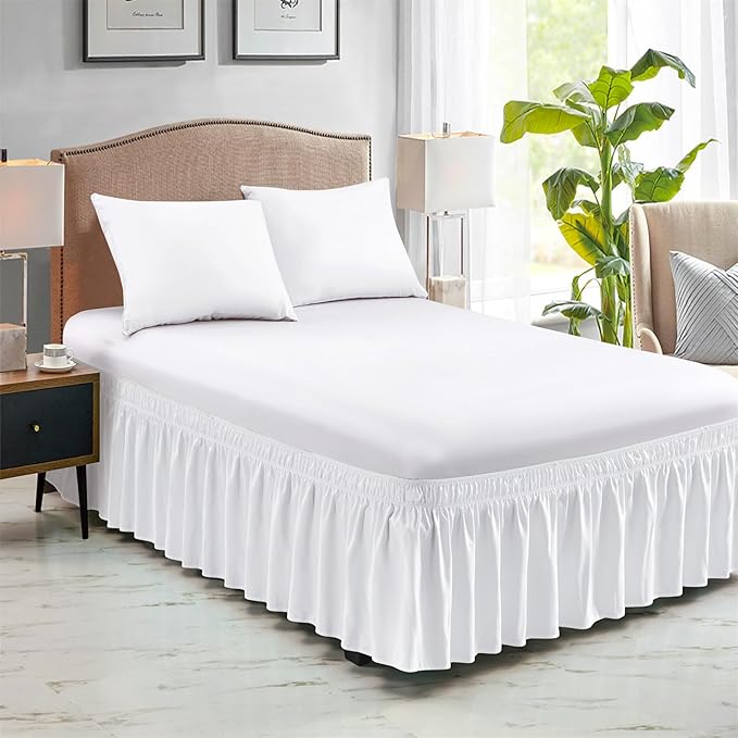 FreshCulture Queen Bed Skirt, Elastic Wrap Around Bed Skirt Queen Size, Bed Skirts for Adjustable Bed, Easy Fit with 18 Inch Drop Length, Hotel Quality Dust Ruffle for Queen Bed (White)