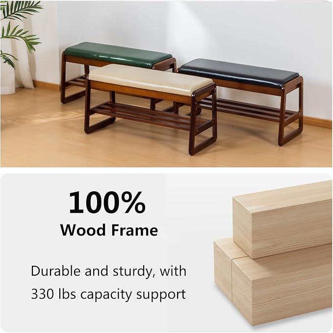Solid Wood Shoe Bench, 2-Tier Entryway Bench with Cushion and Flip-Open Storage Box, Mid-Century Modern Shoe Bench Rack for Hallway, Mudroom(Black, 31.5'')