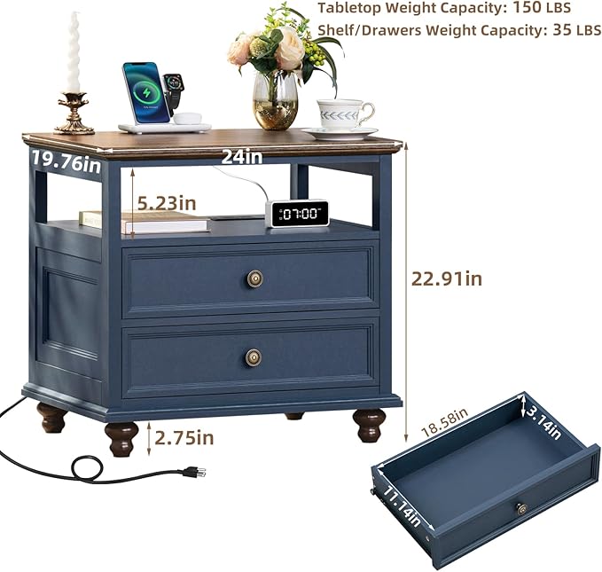 Farmhouse Furniture Set, Nightstands Set of 2 and 7 Drawers Dresser for Bedroom, 54 Inch Wide Wood Dresser and 24" Night Stands with Charging Station for Bedroom, Living Room, Hallway