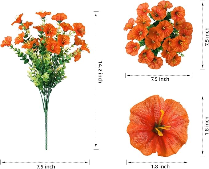 Artificial Flowers Fake Plants for Outdoors Decoration, 12 Bundles Orange Silk Morning Glory with Eucalyptus Realistic UV Resistant Faux Flowers Greenery for Outside Planter Yard Garden Home Indoor