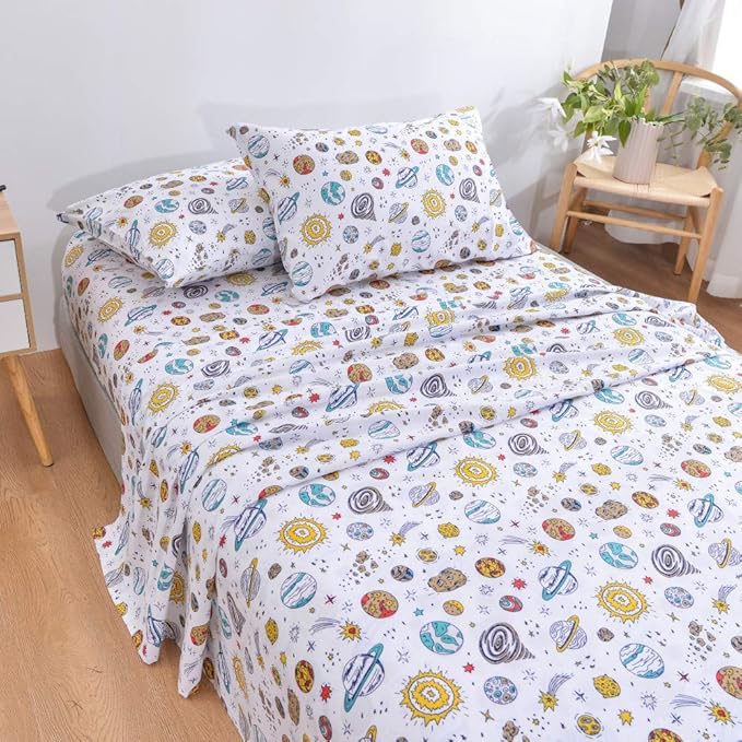 JSD Universe Planets Kids Sheet Set Twin Size, 3 Piece Space Theme Microfiber Sheets Deep Pocket