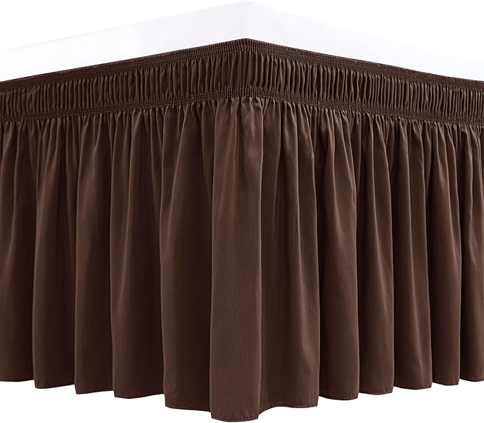 Biscaynebay Wrap Around Bed Skirts for King & Cal King Beds 18" Drop, Brown Adjustable Elastic Dust Ruffles Easy Fit Wrinkle Resistant Silky Luxurious Fabric Machine Washable