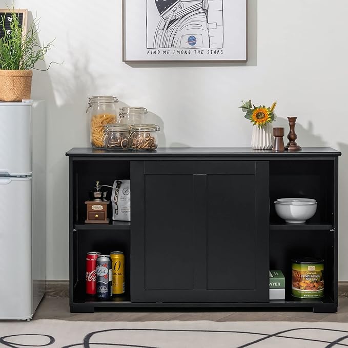 Costzon Sideboard Buffet Cabinet, Wooden Kitchen Storage Cabinet with Adjustable Shelf, Sliding Barn Door, Accent Coffee Bar Cabinet Console Table for Living Room, Dining Room, Hallway (Black)