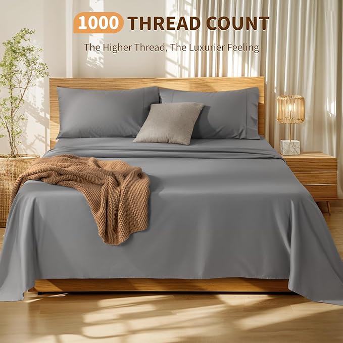 LBRO2M 100% Cotton Sheets Set Deep Pocket 19", 1000 Thread Count Queen Size 4 Piece Bed Sheet Sets Soft Comfortable Bedding All Season (Queen, Gray)