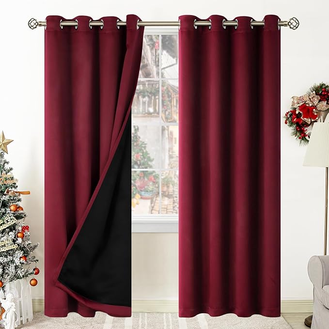 BGment Thermal Insulated 100% Blackout Curtains for Bedroom with Black Liner, Double Layer Full Room Darkening Noise Reducing Grommet Curtain (52 x 84 Inch, Burgundy Red, 2 Panels)