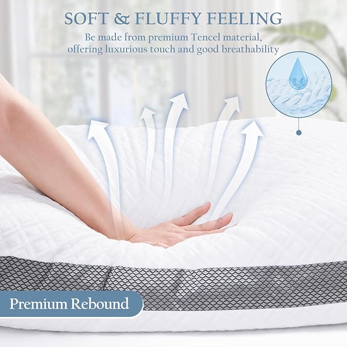 Tencel Queen Bed Pillows, Shredded Memory Foam Pillows, Adjustable Bed Pillow for Sleeping, 20"x30" Cooling Tencel Circular Knit Pillows for Side, Back, Stomach Sleepers（Pack of 1）