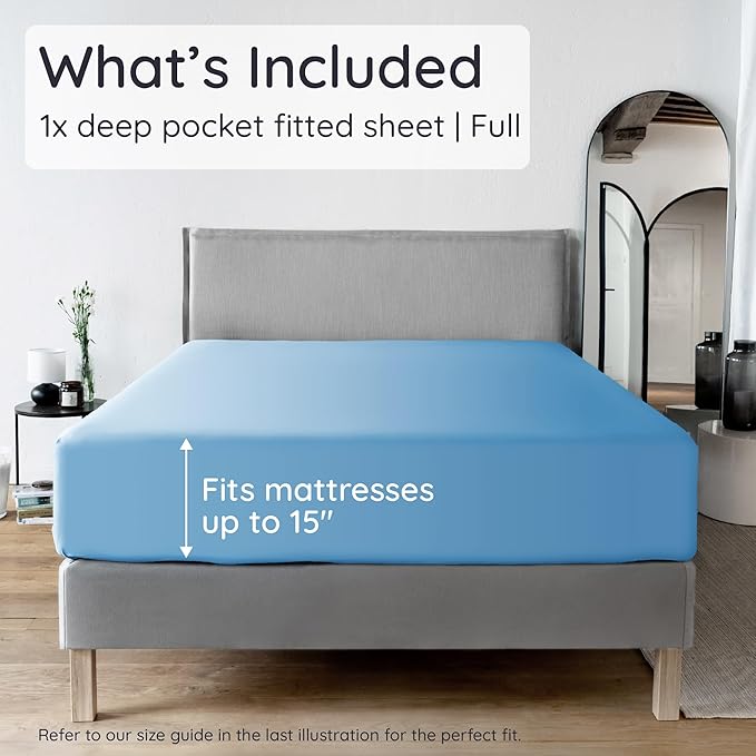 Bambaw 100% Viscose Derived from Bamboo Fitted Sheet Only, Cooling Fitted Sheet with Elastic Corner Straps, 15’’ Deep Pocket Full Size Fitted Sheets Only, Soft Full Bottom Sheets Only (Dream Blue)