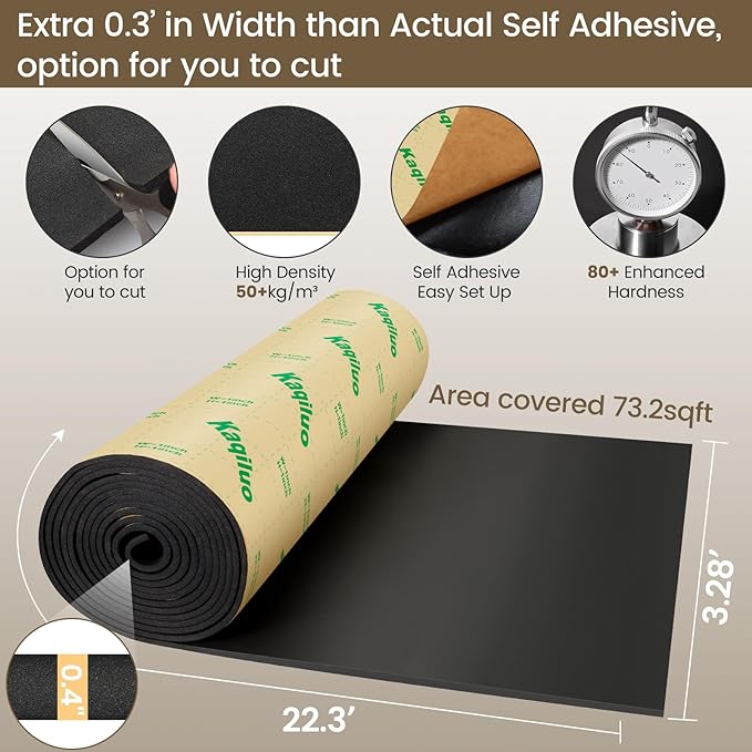 Self-Adhesive Sound Insulation Acoustic Foam,73.2sqft x 0.4in Thick,50+kg/m³ ,Sound Proof Padding,Fire,Water Resistant ,Thermal Insulation,Cold Proof Acoustic Treatment Foam