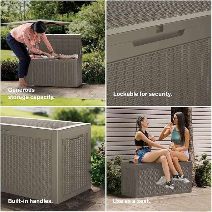 Outdoor Storage Box Waterproof, 200 Gallon Lockable Resin Large Deck Box, Patio Storage Bin for Pool Accessories Cushion Furniture, Garden Tools, UV-Resistant Outside Delivery, Grey