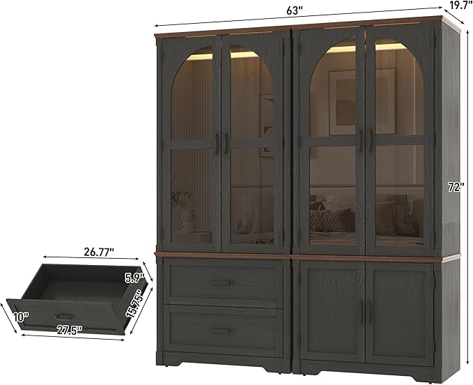 Tall Farmhouse 4 Doors Armoire Wardrobe Closet with LED ,72" Freestanding Arched Wardrobe Closet Cabinet for Bedroom w Glass Doors/Drawers,Wooden Clothing Storage Cabinet,Closets for Bedroom(Black)