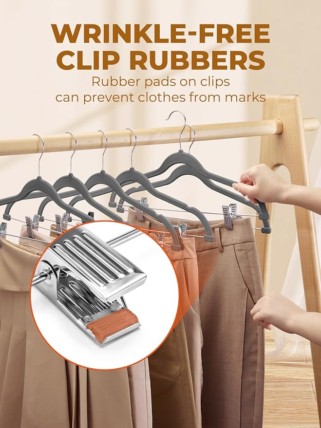 HOUSE DAY Velvet Skirt Hangers 24 Pack, Gray Hangers with Adjustable Clips, Space Saving Slim Velvet Pant Hanger, Heavy Duty Non Slip Clip Hanger for Pants, Skirts, Shorts