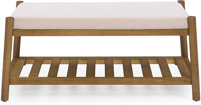 Upholstered Entryway Bench, Bedroom Bench for End of Bed, Dining Bench with Padded Seat for Kitchen, Living Room, Fabric Rubber Wood Indoor Bench (Beige)