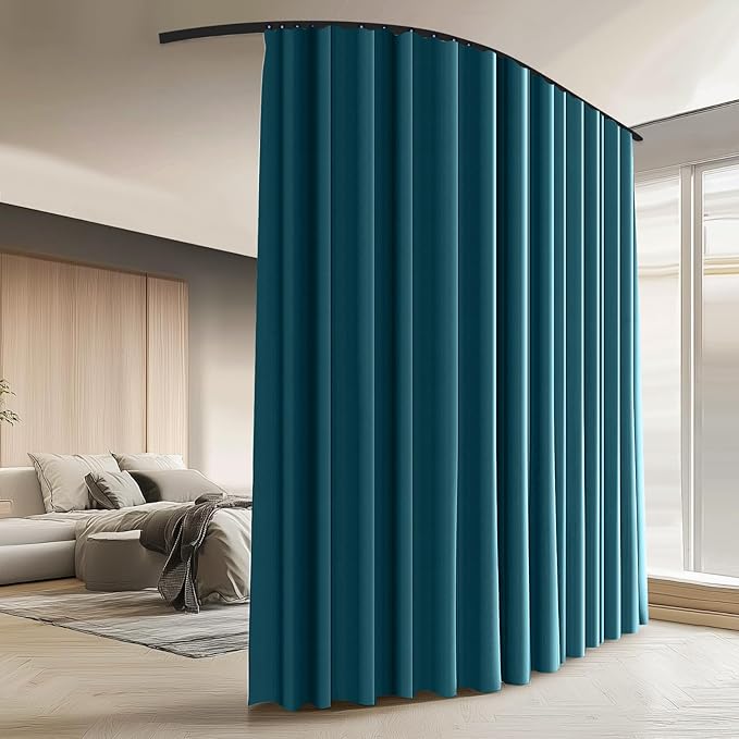 Room Divider Curtains with Ceiling Curtain Track Set Window Curtain for Bedroom,Living Room Total Blackout Thermal Insulated Privacy Ceiling Track Curtain W 9 × H 6 FT Azure Blue drape&Black track