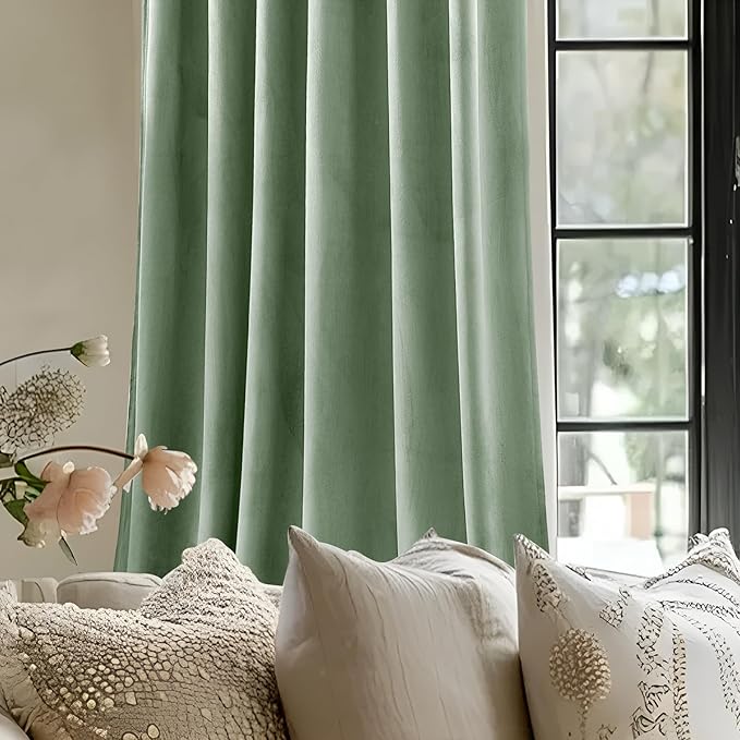 Sage Green Velvet Curtains for Bedroom, Thermal Insulated Room Darkening Luxury Blackout Curtains 90 Inches Long Back Tab Rod Pocket Window Drapes for Living Room Nursery, W52 x L90, 2 Panels