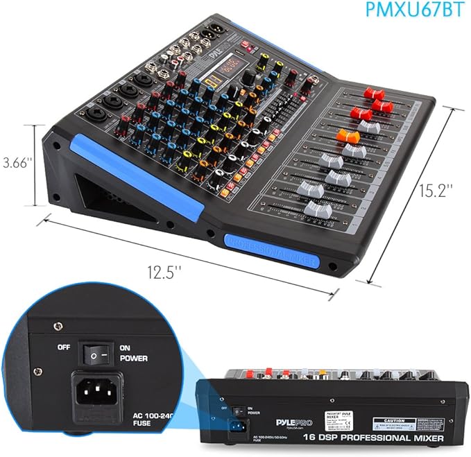 Pyle 6-Channel Bluetooth Studio Audio Mixer - DJ Controller w/ USB Drive - XLR Mic Input - +48V Phantom Power - 16 DSP Effects - MP3/WAV Playback - For Professional & Beginner Use - PMXU67BT