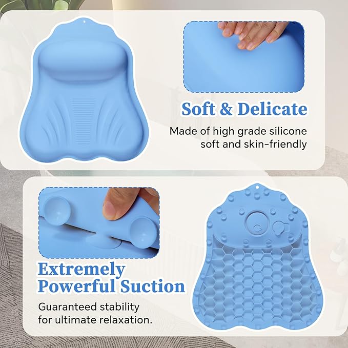 Silicone Bath Pillow for Tub Adults, 4D Air-Cushion Bathtub Pillow for Head Neck and Back Support, Non-Slip Suction Cups, Quick-Drying Waterproof Spa Pillow, Easy to Clean & Store (Blue