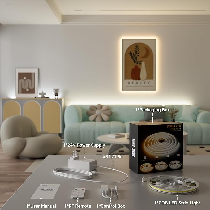 PAUTIX COB LED Strip Light White CCT Tunable 32.8ft/10m,UL-Listed 6400LEDs Dimmable 2700K-6500K CRI90+ 24V LED Tape Light Kit with APP Control/Music Mode,for Under Cabinet Bedroom Kitchen DIY Lighting