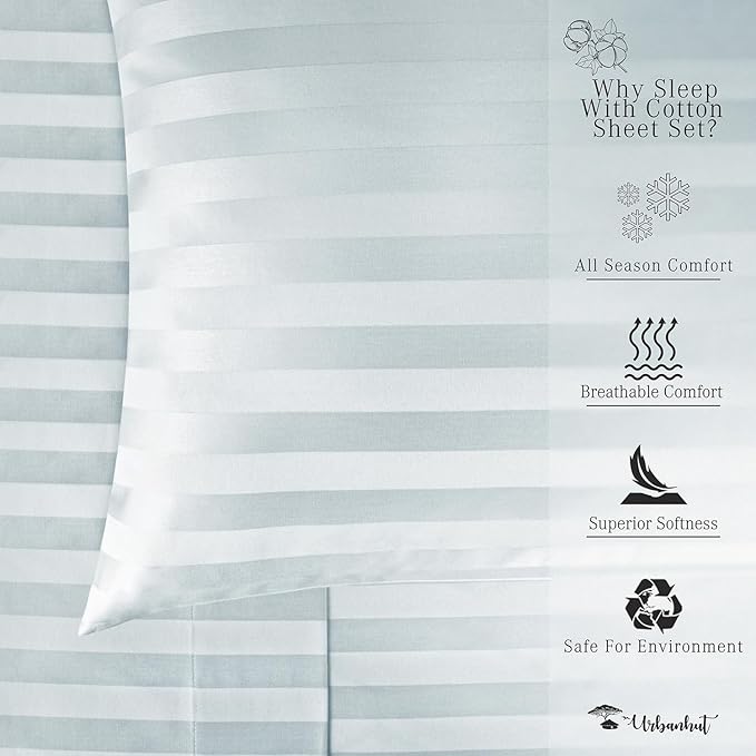 URBANHUT 800 Thread Count 100% Cotton Damask Twin Size Sheets, 4 Piece Striped Twin Size Bedsheets, Luxury Hotel Sheets Sateen Weave - Better Than Egyptian, 14" Elasticized Deep Pocket- Light Blue