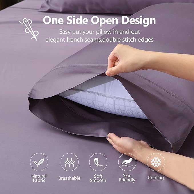 Queen Sheets, Rayon Derived from Bamboo, Cooling Bed Sheets Set,Deep Pocket Up to 16", 4 Pieces Silky Soft, Breathable Bedding Sheets & Pillowcases(Dusty Purple,Queen)