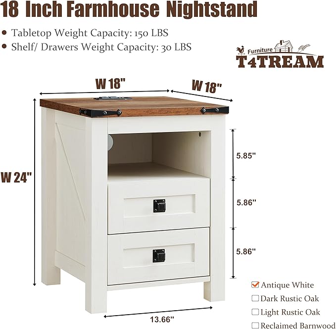 T4TREAM Nightstand with Charging Station, End Table, Side Table with 2 Drawers Storage Cabinet for Bedroom, Living Room, Farmhouse Design, Wood Rustic, Antique White