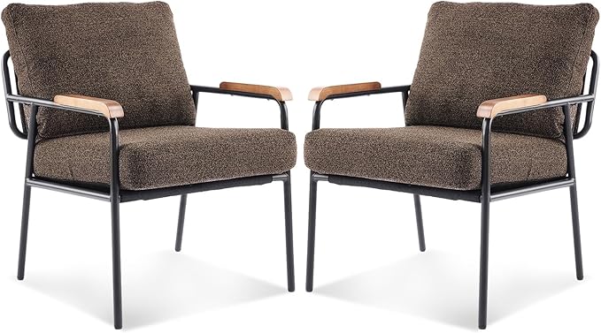 VINGLI Mid-Century Modern Accent Armchiars Set of 2 for Small Space, Small Comfy Upholstered Leisure Reading Chairs with Wood Armrests for Bedroom, Living Room, Waiting Room, Linen Expresso