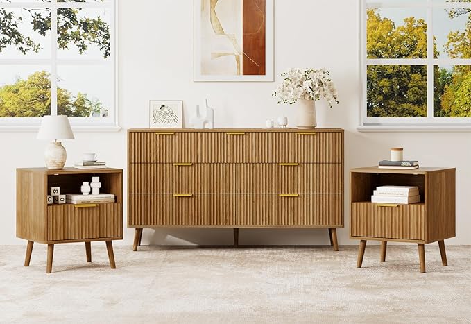 LYNSOM Fluted Dresser and Nightstand Sets 3 Piece, 7-Drawers Dresser and 1-Drawer Nightstands Set of 2, Wood Bedroom Furniture Set for Home, Bedroom, Hallway, Walnut