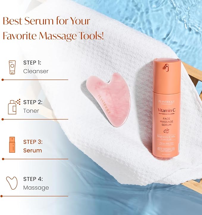 PLANTIFIQUE Korean Vitamin C Face Massage Serum – Hydrating Anti-Aging Collagen & Peptides Formula – Perfect for Gua Sha Facial Massage & Even Skin Tone Glow