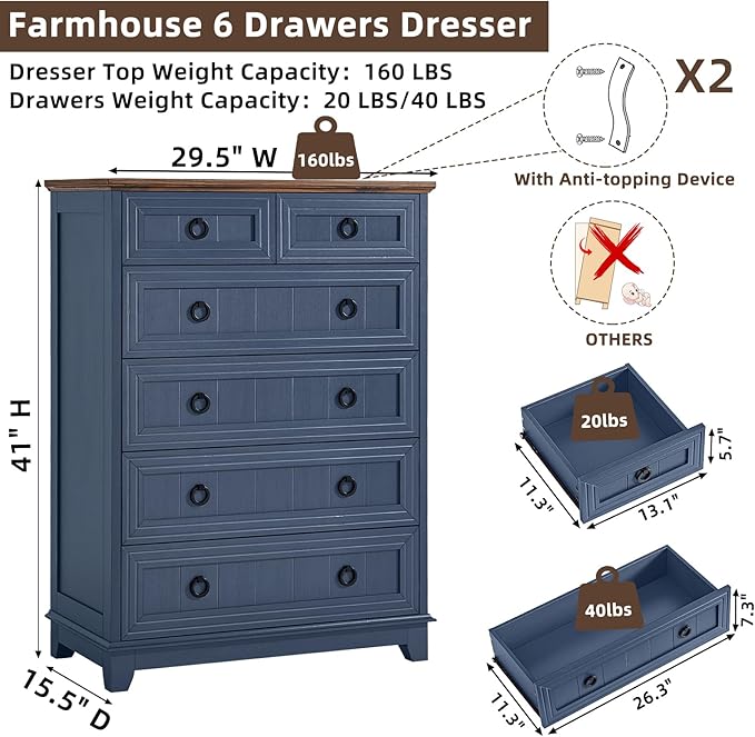 Farmhouse 6 Drawer Dresser for Bedroom, 41" Tall Small Dressers & Chest of Drawers, Rustic Wood Dresser with Metal Handle, Storage Organizer Closet for Living Room, Hallway, Entryway
