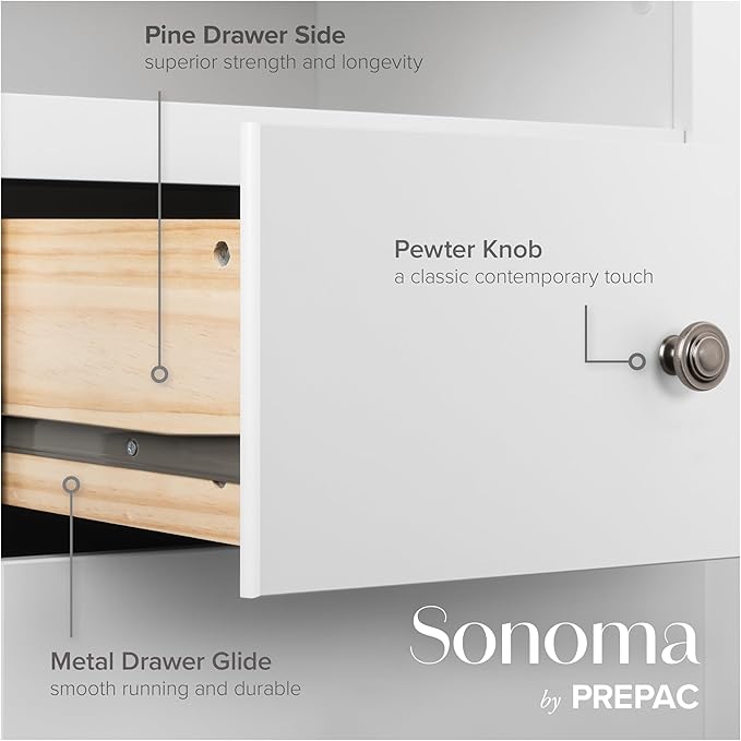 Prepac Sonoma 6 Drawer Dresser for Bedroom, Tall Chest of Drawers, Bedroom Furniture, Clothes Storage and Organizer, 19" D x 23.25" W x 52.75" H, White