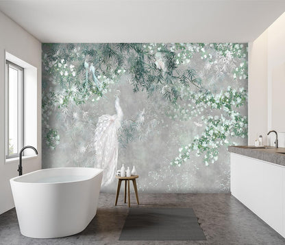 -Green Leaf Botanical Peacock Fabric Wallpaper Wallpaper Living Room Bedroom Bathroom Grey Plant Large Wall Mural- 160"x108"（ not Peel and Stick）