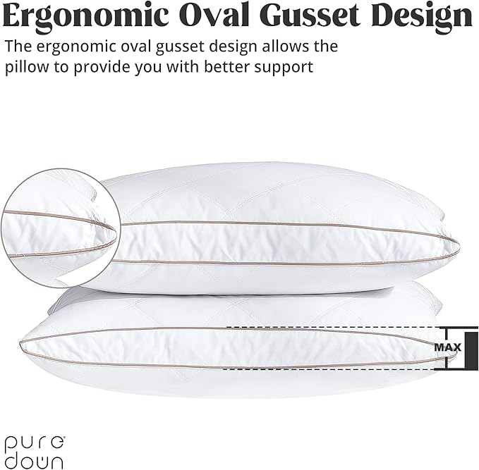puredown® Natural Goose Down Feather Pillows for Sleeping Oval Gusseted Feather Down Pillow 100% Cotton Pillow Cover with Leaf Quilting Standard Set of 2
