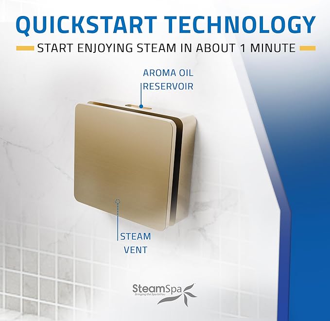SteamSpa Steam System 21kW Steam Shower Generator with Bluetooth Wifi, Quickstart Continous Steam, Advanced Touch Pad Screen, Chroma Lights, Drain Pan and Auto Drain Gold RVBS2100GD-A