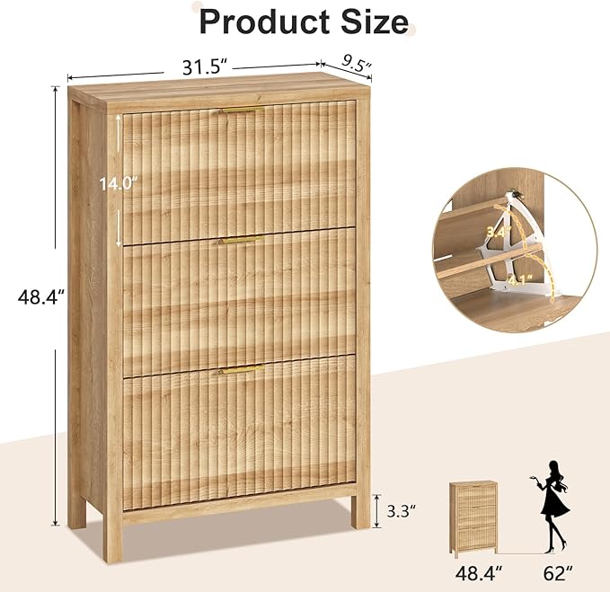 Shoe Cabinet Storage for Entryway, Fluted Shoe Cabinet with 3 Flip Drawers, Hidden Shoe Rack Tall Freestanding Shoe Organizer with Legs for Hallway, Oak