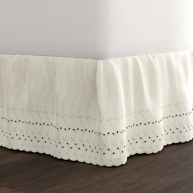 Fresh Ideas Eyelet Bed Skirt, Ruffled Design, 14 Inch Drop, Embroidered Scalloped Edge, Queen, Ivory
