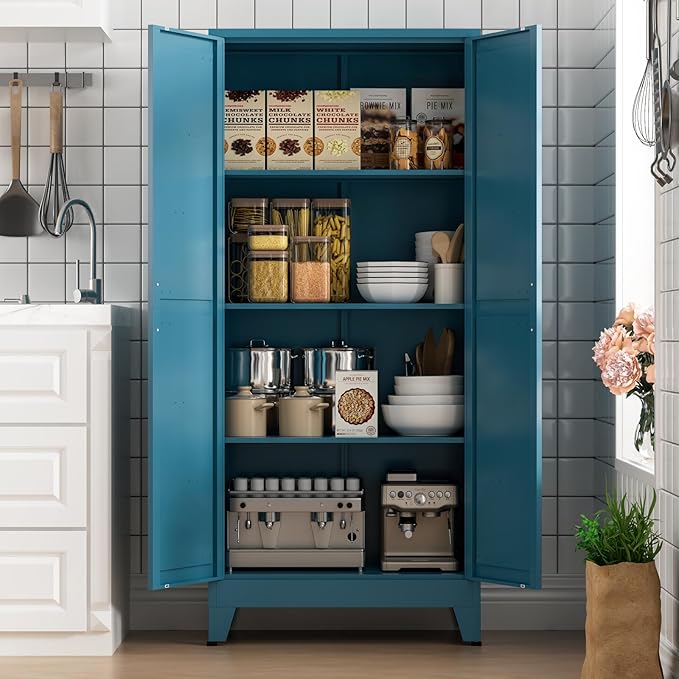 COFaR Home Farmhouse Storage Cabinet with 2 Barn Door, Tall Kitchen Pantry Cupboard with 3 Adjustable Shelves, for Dining Room, Bathroom, Living Room (Blue Green, 61" Farmhouse)