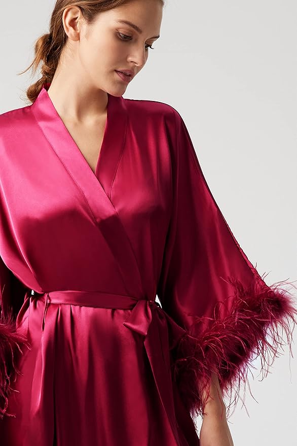 PRODESIGN Satin Kimono Robe Long Silky Bathrobe with Ostrich Feather Trim Sleepwear Wedding Bridesmaid Dressing Gown