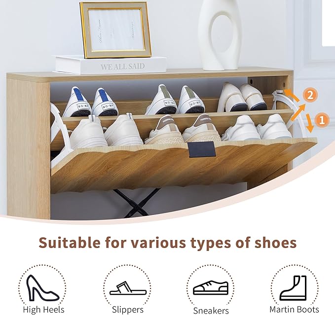 31.5” Fluted Shoe Cabinet Storage with 2 Flip Drawers,Narrow Freestanding Shoe Storage Organizer,Slim Shoe Rack Cabinet for Entryway,Hallway (Natural)
