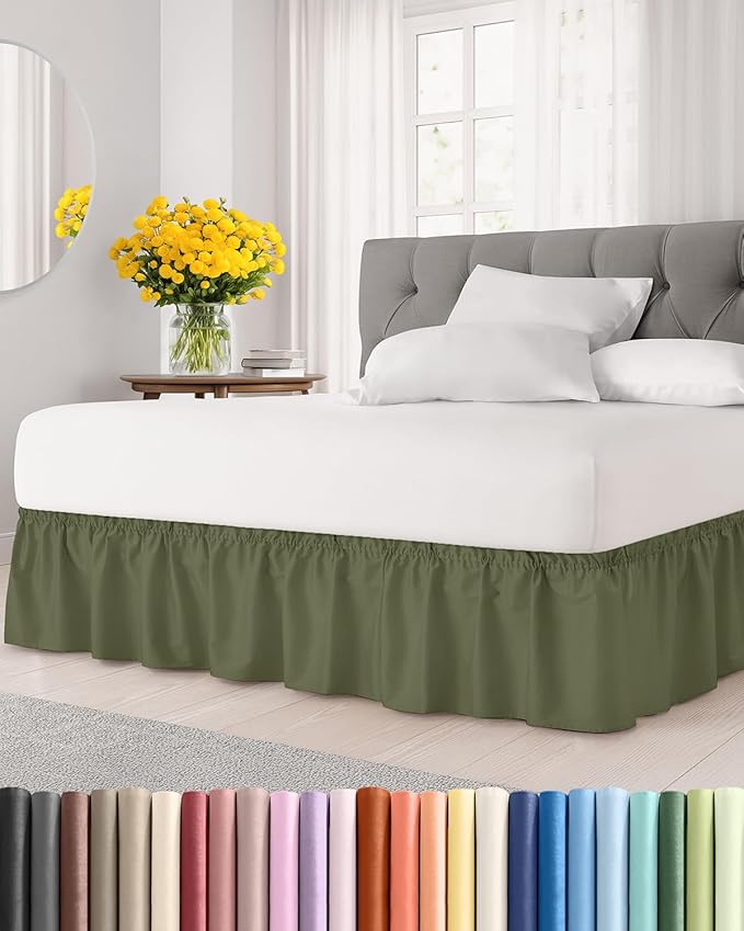 Wrap Around Dust Ruffle Bed Skirt - Sage Green - for Twin Size Beds w/ 14 Inch Drop - Easy Fit Elastic Strap - Adjustable Pleated Bedskirt with Brushed Fabric, Wrinkle Free Women, Men, Kids and Teens