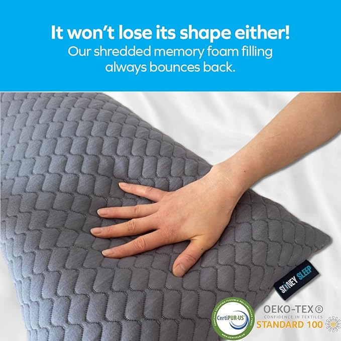 Sidney Sleep Set of 2 Queen Size Bed Pillows for Side and Back Sleepers - Adjustable Filling - Memory Foam Pillows for Neck and Shoulder Pain - Customizable Loft - Extra Foam Included (Grey)
