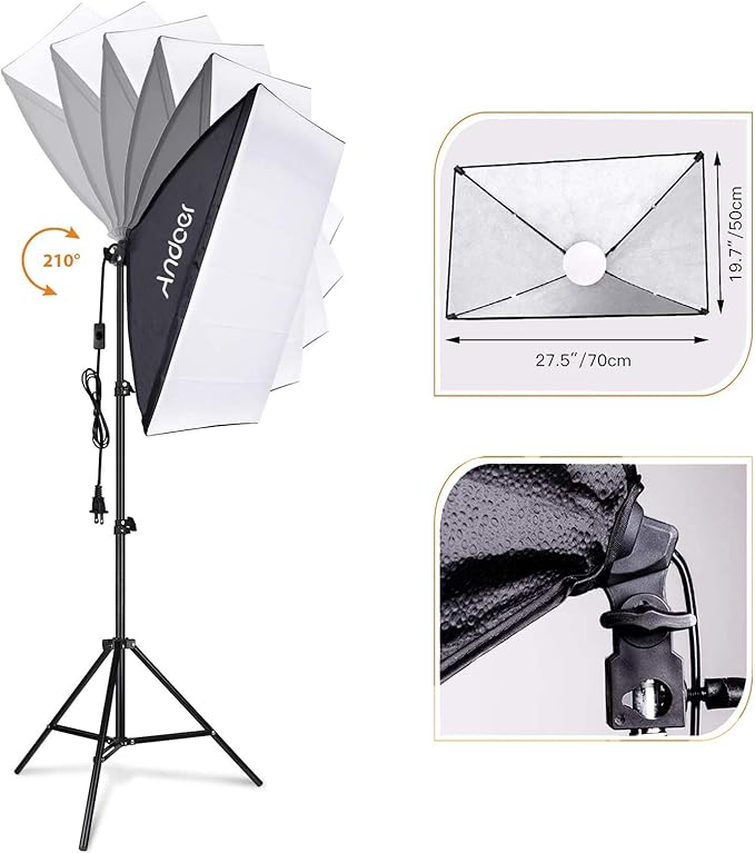 Andoer Softbox Photography Lighting Kit Professional Studio Equipment with 20"x28" Softbox, 2800-5700K 85W Bi-Color Temperature Bulb with Remote, Light Stand, Boom Arm for Portrait Product Shooting