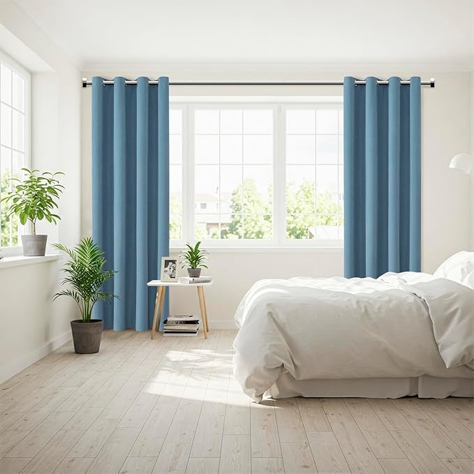 ChrisDowa 100% Blackout Blue Solid Curtains 102 Inches Long 2 Panels for Bedroom Living Room,Farmhouse Room Darkening Thermal Insulated Soundproof Grommet Top Window Treatment Drapes,52x102