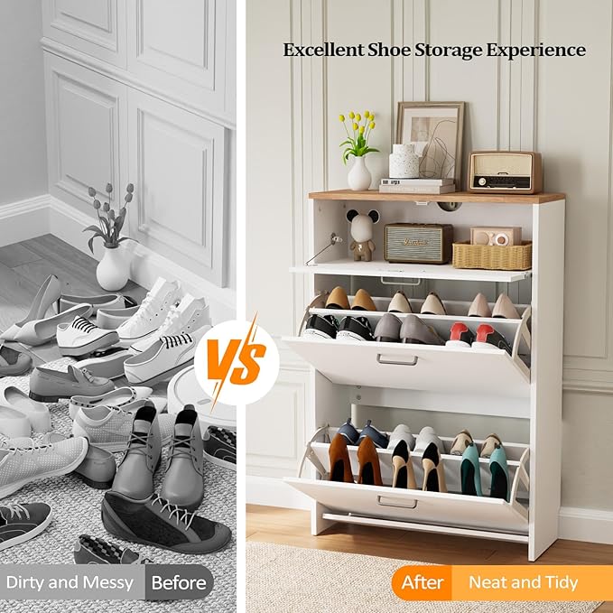 VINGLI Shoe Cabinet Storage for Entryway Ultra Slim with 2 Flip &1Drop-Down Drawers, 24.8" W Narrow Shoe Cabinet for Front Door Entrance,Freestanding Modern White Wood Shoes Organizer for Hallway