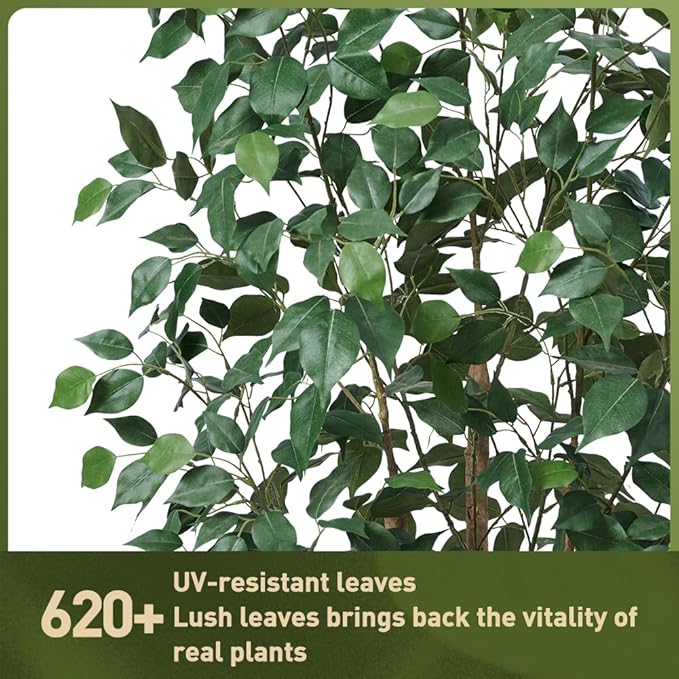 6ft Artificial Ficus Tree-Tall Faux Tree with Pebbles & Planter UV Resistant Potted Fake Plant with Silk Leaves & Real Wood Trunk-Indoor Outdoor Floor Plant for Home,Living Room,VN129